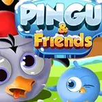 A colorful cartoon image featuring a penguin wearing a Santa hat and a small blue bird, with the title PINGU & Friends displayed above them, set in a playful outdoor environment