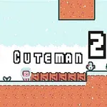 A colorful, pixel-art platformer game scene featuring a character labeled Pink Cuteman 2, set in a snowy landscape with blocks and obstacles