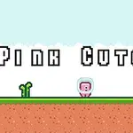 A colorful, pixelated scene featuring a pink character in a space helmet with the title Pink Cuteman above, set against a simple landscape with green plants and a blue character on the right