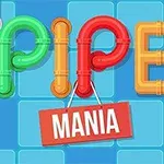 Colorful game logo featuring the word PIPE in red, yellow, and green pipes, with the word MANIA in a bold red sign below, set against a blue tiled background with white plumbing connections