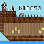 A pixel art scene from a video game featuring a pirate ship named Pirate Jack, with a pirate character on deck, another character on the ship, and scattered gold coins below against a light blue background