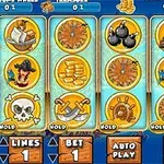 A vibrant slot machine interface featuring pirate-themed symbols like skulls, treasure chests, and ship wheels, alongside controls for betting and an option to spin the reels