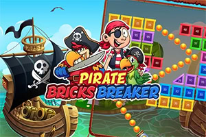 A colorful scene featuring a pirate ship with a skull and crossbones flag, a cheerful pirate character, a parrot, and a game interface displaying colored blocks and numbered elements