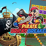 A colorful scene featuring a pirate ship with a skull and crossbones flag, a cheerful pirate character, a parrot, and a game interface displaying colored blocks and numbered elements