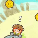 A cartoonish pirate character sits on a rock with a cheerful expression, dreaming of three floating gold coins against a colorful, bright background featuring a sandy beach and distant scenery