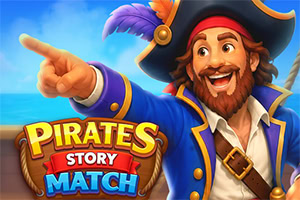 Smiling cartoon pirate in a blue coat points beside a colorful Pirates Story Match title