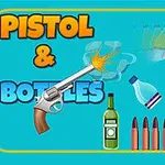 A playful graphic featuring a cartoon pistol firing with colorful bottles and bullets surrounding the text Pistol & Bottles on a bright blue background