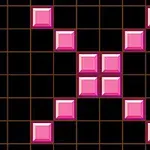 A grid with a black background features a pink pixelated X shape created from square blocks