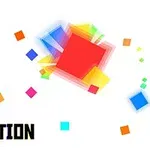 A vibrant, abstract design featuring colorful geometric shapes, primarily squares, with the words PIXEL REACTION prominently displayed in a bold black font against a white background