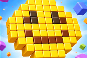 Colorful 3D yellow tiled sphere with a brown pixelated smiley face on a blue background with floating geometric shapes