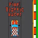 An overhead view of a colorful pixelated racing game titled Pixel Traffic Racer, featuring a blue car with a checkered pattern on a gray racetrack surrounded by orange and white borders, set against a green background