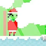 A pixelated green character in a red outfit and Santa hat stands on a snowy platform beside green foliage