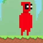 A pixelated red character with a large single eye stands on a grassy platform surrounded by a simple forest background in a retro-style videogame design