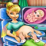 A smiling fairy character sits in a medical chair, with a monitor displaying an image of a baby, suggesting a joyful prenatal check-up scene