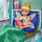 A fairy tale character sits in a hospital bed, joyfully holding two newborn twins, with colorful decorations and a Pixie Twins Birth sign in the background