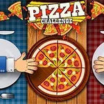 An illustrated graphic featuring a pizza at the center, with hands reaching towards it from both sides, set against a backdrop of blue and red checked patterns, labeled Pizza Challenge