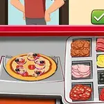 The image shows a pizza on a tray with a variety of toppings displayed in containers, including meats, vegetables, and cheeses, alongside a person in the background