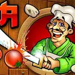 A cheerful cartoon chef in a green outfit holds a large knife, ready to slice a tomato, set against a wooden background with floating ingredients and vibrant text