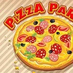 A colorful illustration of a pizza topped with pepperoni, olives, and tomatoes, accompanied by the bold text Pizza Party above it, set against a striped background