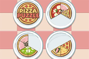 Four circular plates display pizza slices arranged in a puzzle-like format, with varying toppings and one plate showing the words PIZZA PUZZLE in bold yellow letters