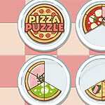 Four circular plates display pizza slices arranged in a puzzle-like format, with varying toppings and one plate showing the words PIZZA PUZZLE in bold yellow letters