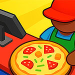 A cartoon character wearing a red cap and green apron is holding a pizza topped with pepperoni, green peppers, and other ingredients, standing behind a register with colorful dollar bills in the foreground against a vibrant background