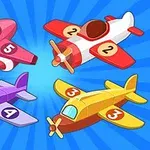 A colorful illustration of four cartoon airplanes with different designs and numbers on their wings, set against a bright blue radial background