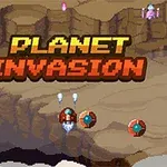 The image features a retro-style video game screenshot titled Planet Invasion, showcasing a barren landscape with colorful spacecraft and projectiles