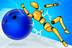 Cartoon wooden crash-test dummy tumbling backward after being struck by a large blue bowling ball on a bright blue background