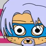 A cartoon character with long light purple hair, a blue mask, and a beard, set against a background with pink stripes