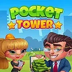 A colorful and vibrant cartoon-style image promoting Pocket Tower, featuring a cheerful woman and a man holding money, with a stylized building and a bright blue sky in the background