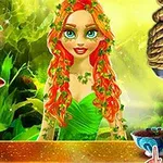 A whimsical illustration depicting a girl with vibrant red hair and green attire adorned with leaves, alongside a superhero figure suspended upside down and bound by ropes, set in a lush, colorful background