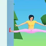 A cartoonish character in a yellow top and pink pants is performing a split between two vertical walls, set against a simple, colorful background of trees and blue sky