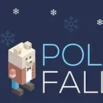 A cute, blocky polar bear in a tuxedo stands against a dark blue background with falling snowflakes, accompanied by the text POLAR FALL in a modern font