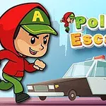 A playful cartoon character in a red hoodie and green cap runs from a police car in the colorful game title Police Escape, emphasizing a fun, adventurous theme