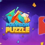 The image features a colorful logo for a game called Polygon Puzzle, showcasing vibrant geometric shapes and a hand icon indicating interaction with a red puzzle piece against a dynamic background