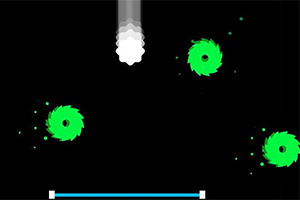 Black background with three glowing green circular hazards floating above a thin blue platform near the bottom