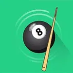 A black eight ball with the number 8 printed on it, resting on a green background, alongside a billiard cue stick