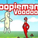 The image features a cartoonish character named Poopieman, who is red and grinning, standing beside a hanging, white voodoo doll with an X over its eyes, set against a bright blue sky and grassy background, with playful elements