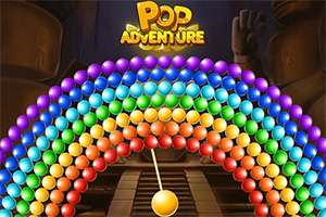 Colorful rainbow rows of bubbles in a temple corridor with a yellow bubble launcher and Pop Adventure title