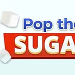 The image features the words Pop the SUGAR in a playful design, with colorful lettering and floating sugar cubes against a light background, suggesting a fun, sweet-themed concept or game