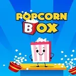 A playful cartoon-style image featuring a cute popcorn box character with a smiling face, surrounded by popcorn kernels, and the text POPCORN BOX in bold above it, set against a vibrant blue background