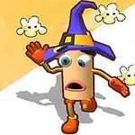 A cartoon character wearing a witchs hat and gloves, with a surprised expression, surrounded by floating popcorns against a bright background