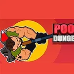 The image features a cartoonish character with muscular arms wielding a weapon, set against a vibrant red background with a yellow circular design, alongside the text POOPY DUNGEONS in bold letters, accompanied by a playful, sinister-looking character