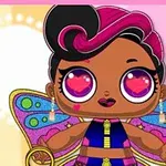 A colorful cartoon character with large eyes, wearing a stylish outfit and butterfly wings, set against a pink background