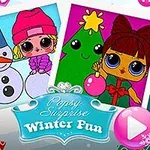 The image features two colorful artwork scenes: one of a snowman wearing a blue hat and a girl with blonde hair in a pink beanie, and another of a girl holding a pink ornament next to a decorated green Christmas tree, all set against a