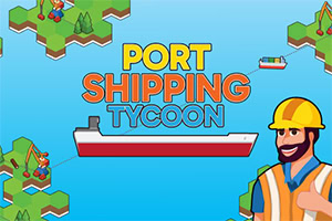 A colorful illustration featuring a smiling cartoon worker in a hard hat, set against a blue background with stylized islands, green trees, and a large cargo ship, accompanied by smaller boats