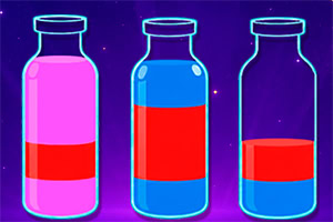 Three glowing glass bottles containing layered pink, red, and blue liquids against a purple background