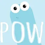 A playful blue character with large eyes stands beside the word POW on a light blue background, conveying a fun and energetic vibe