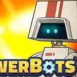 The image features two cartoon robots, one small and square-headed with a light tan color, and a larger, cylindrical robot with a blue-lit screen, set against a colorful explosion background, with the title PowerBots prominently displayed at the bottom